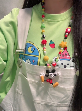 原创童趣卡通hellokitty米奇拉布布吊坠串珠项链女多巴胺彩色饰品