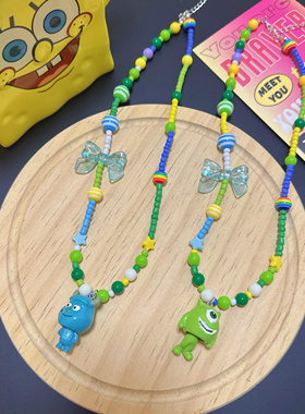 原创大眼仔小怪兽三眼仔彩色串珠项链颈链吊坠多巴胺个性搞怪饰品