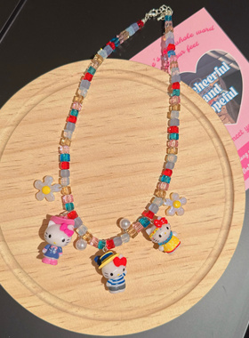 原创重工水晶卡通hellokitty猫小天使草莓熊独角兽颈项链毛衣链女