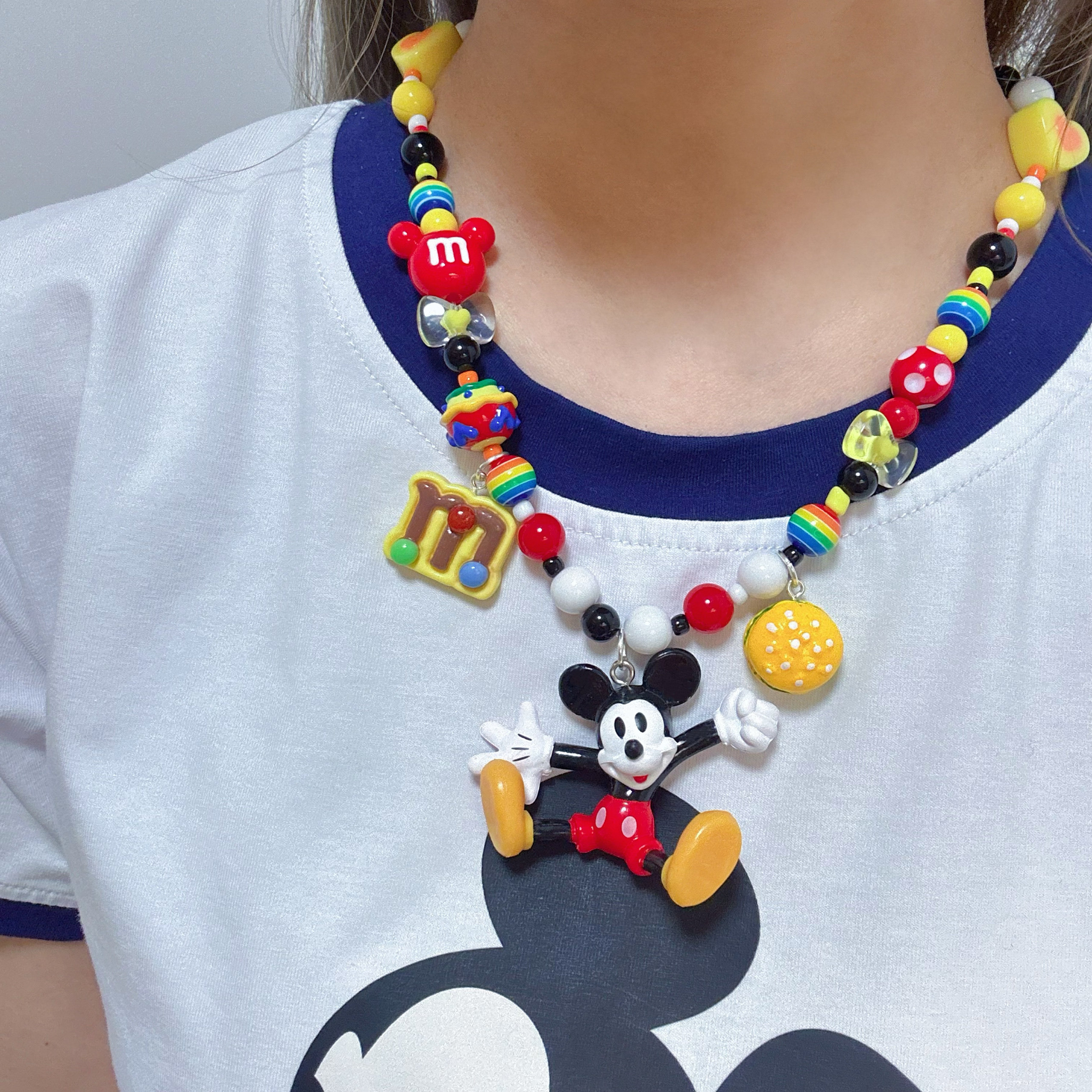 Liya手作迪士尼米奇汉堡美式项链卡通米老鼠多巴胺串珠锁骨配饰女