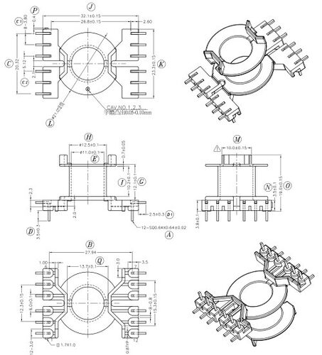 RM10骨架L脚立式6+6针变压器材料排距=27.9mm