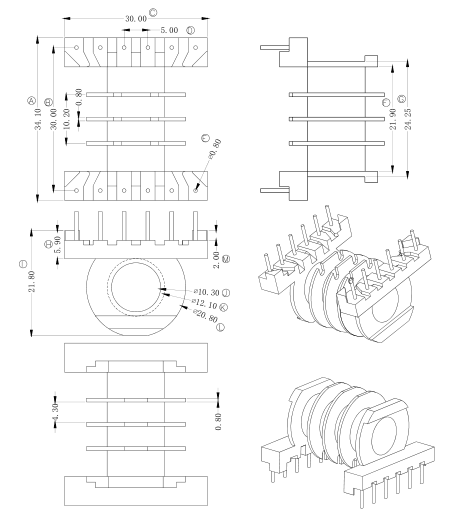 ER2834EC28高频变压器4槽骨架卧式6+6针排距=30mm