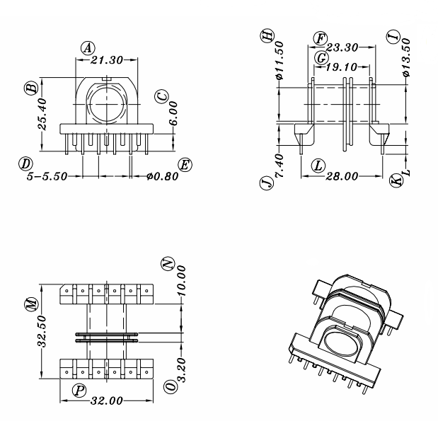 ER34EC34双槽骨架带外壳卧式6+6针变压器材料排距=28mm