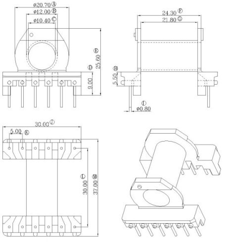 ER2834EC28骨架磁芯卧式6+6针变压器材料排距=30mm