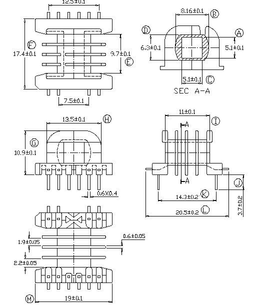 EE19高频变压器多槽磁芯骨架七字针4槽卧式4+6针排距14.5mm
