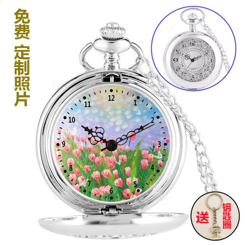 新梵高油画郁金香镂空怀表男女学生油画风设计创意个性翻盖项链表