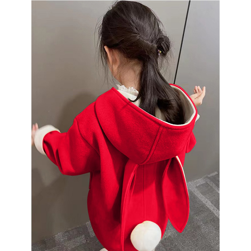 女童本命年呢外套中长款夹棉加厚