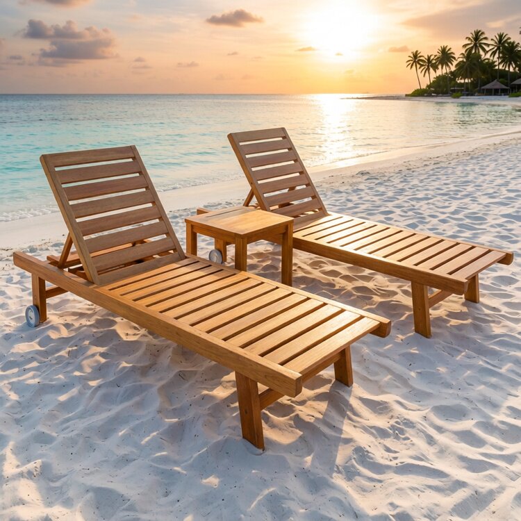 户外防腐实木沙滩椅海边木质躺床度假酒店休闲躺椅泳池单双人躺床