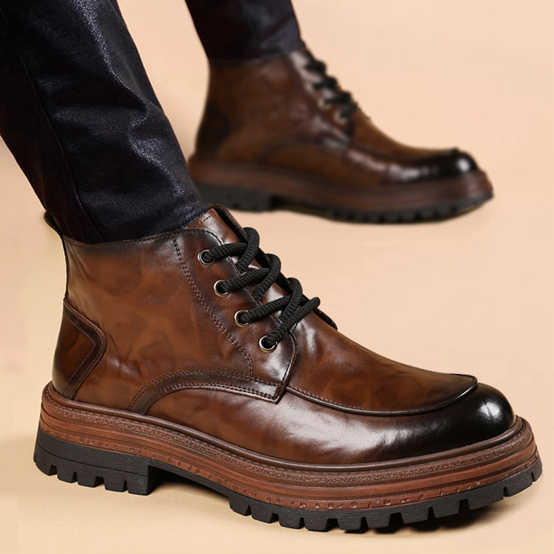 马丁靴男款中帮冬季加绒2025新款软皮短靴英伦风高帮男士工装靴子