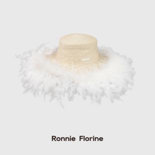 Ronnie Florine设计款手工白色法式礼貌鸵鸟毛尼斯海岸巴拿马草帽