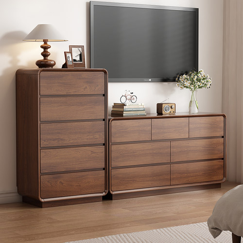 卧室高低柜组合落地靠墙床尾斗柜电视置物柜胡桃木色五斗柜抽屉柜