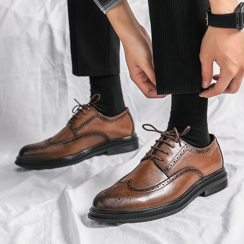 GENUINE LEATHER BROGUE MENS SHOES BRITISH DERBY SHOES INCREASE HEIGHT GROOM WEDDING BUSINESS FORMAL WEAR CASUAL LEATHER SHOES MENS WINTER