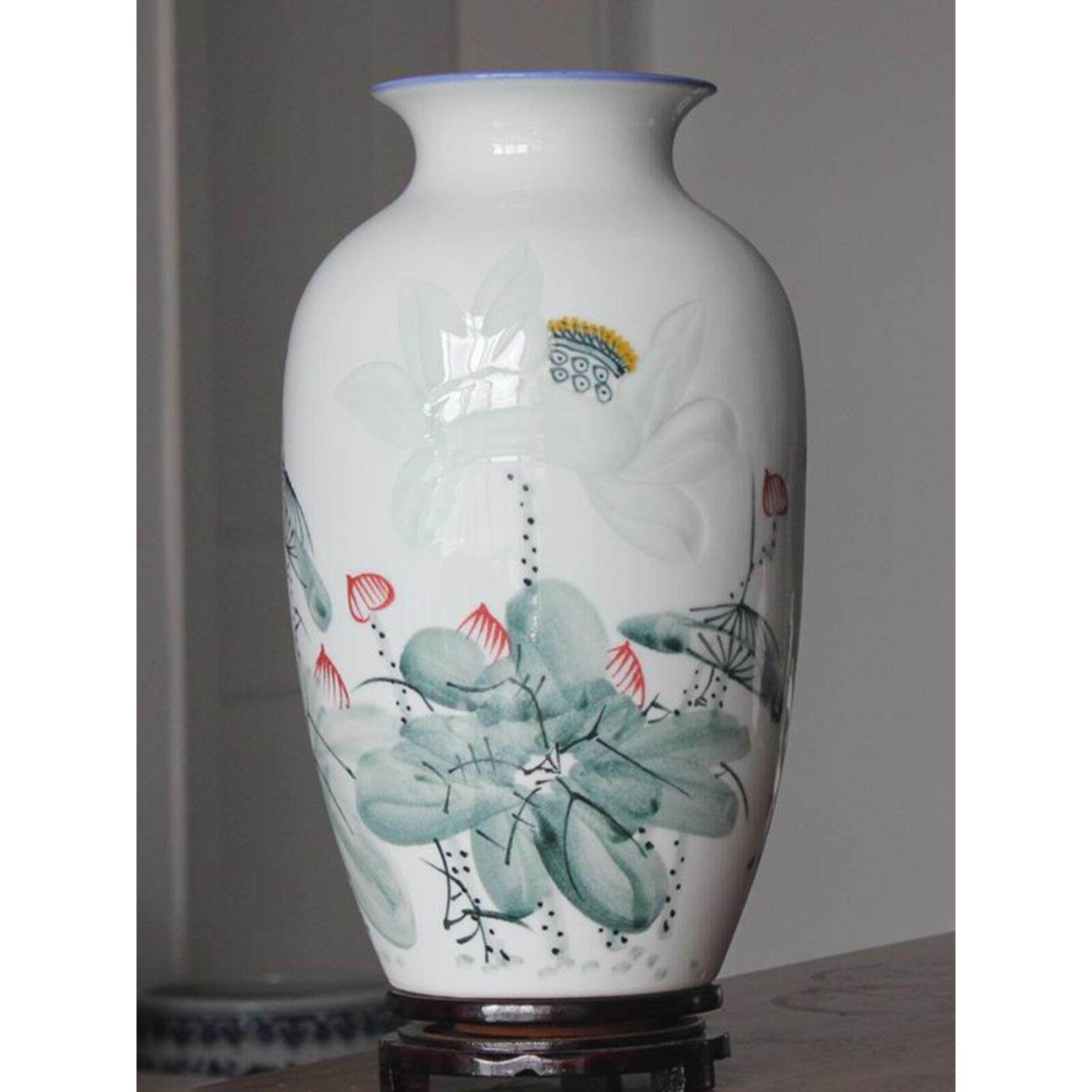景德镇陶瓷手绘雕刻青花五彩花瓶家居客厅玄关电视柜中式插花摆件