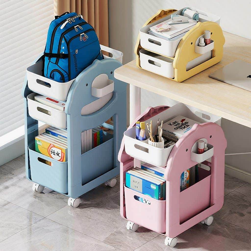 书包置物架学生宿舍儿童书本收纳架可移动小推车家用塑料多层书架