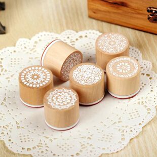 6 circular wooden retro pattern stamps, lace thank-you greet