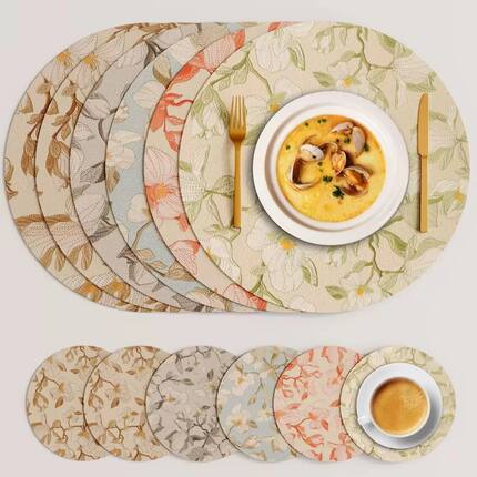 Chinese Style Flower Patterned Circular Placemat Coffee Dini