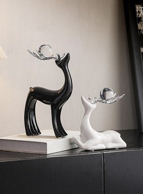高档黑白对鹿夜灯摆件客厅酒柜电视柜玄关办公室家居装饰创意摆设