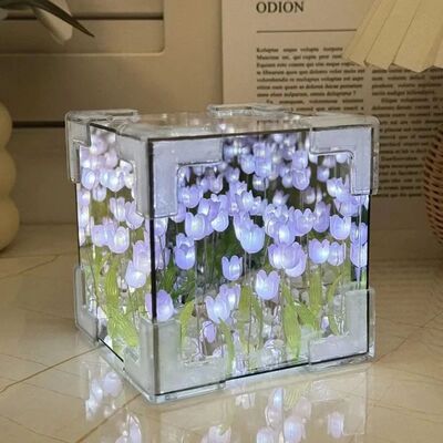 DIY Tulip Mirror Cube Lamp Simulation Flower Bedroom Sleepin
