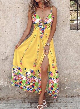 Women's Ombre Leaf Eyelet Strap Maxi Dress Elegant Hawaiian