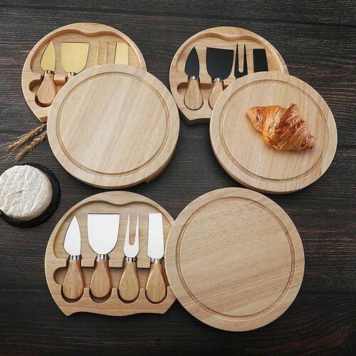 Round Oak Box 4-piece Cheese Knife Spatula Stainless Steel C