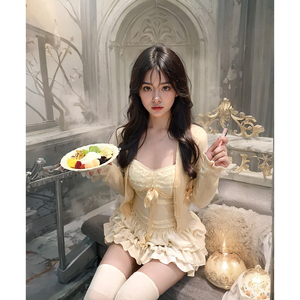 软糯甜美蝴蝶结抹胸吊带开春新款针织开衫蕾丝拼接蓬蓬蛋糕裙套装
