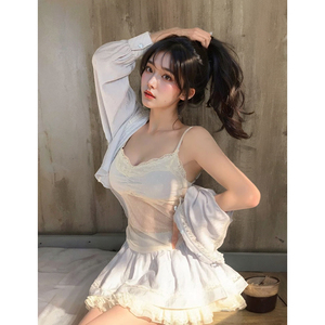 海盐气泡 春装新款甜美风设计感休闲长袖衬衫气质短裙显瘦三件套