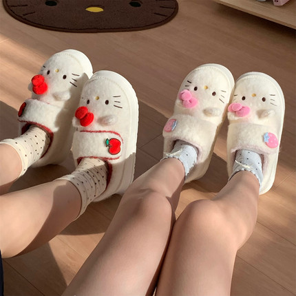 女冬厚底正版HelloKitty猫魔术贴棉鞋防滑时尚户外可爱加绒面包鞋