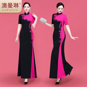 2026新款夏天旗袍裙气质演出服长款修身遮肉中国风走秀旗袍短袖舞