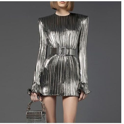 2025新款欧美宴会女装晚礼服裙圆领压褶拼接涤纶收腰气质