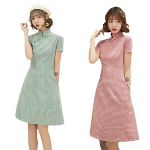 2026新款 春夏弹力棉格子改良口袋旗袍学生连衣裙风日常短