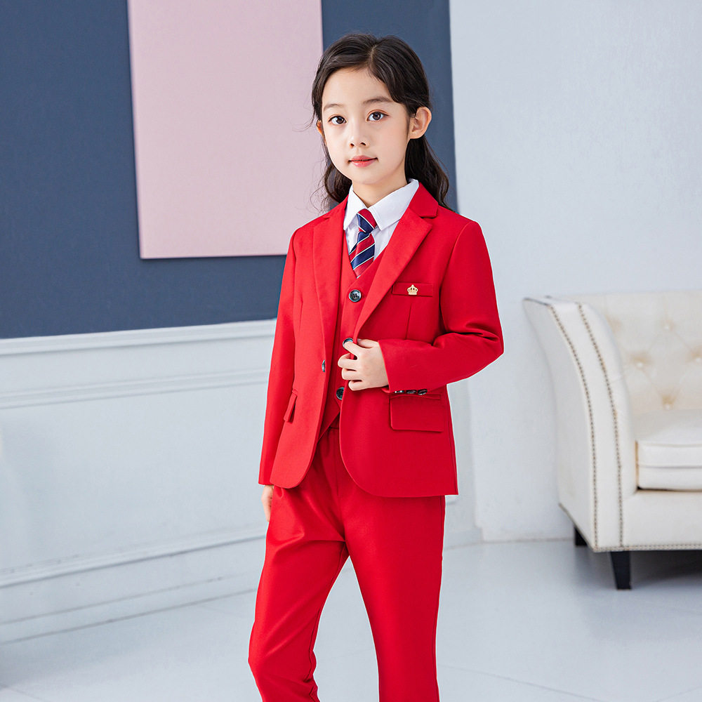2026新款女童西装套装儿童西服演出礼服女孩洋气红色春秋外套代发
