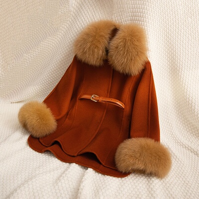 2025新款羊毛双面羊绒大衣女童儿童腰带狐狸毛领呢外套冬季中