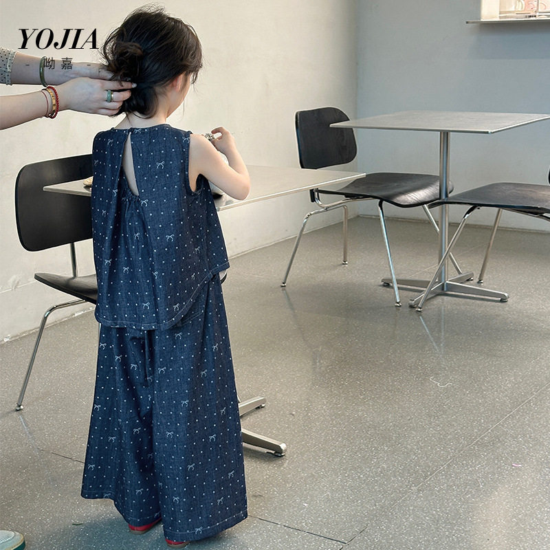 2026新款YOJIA女童牛仔套装夏季甜美上衣阔腿裤儿童装两