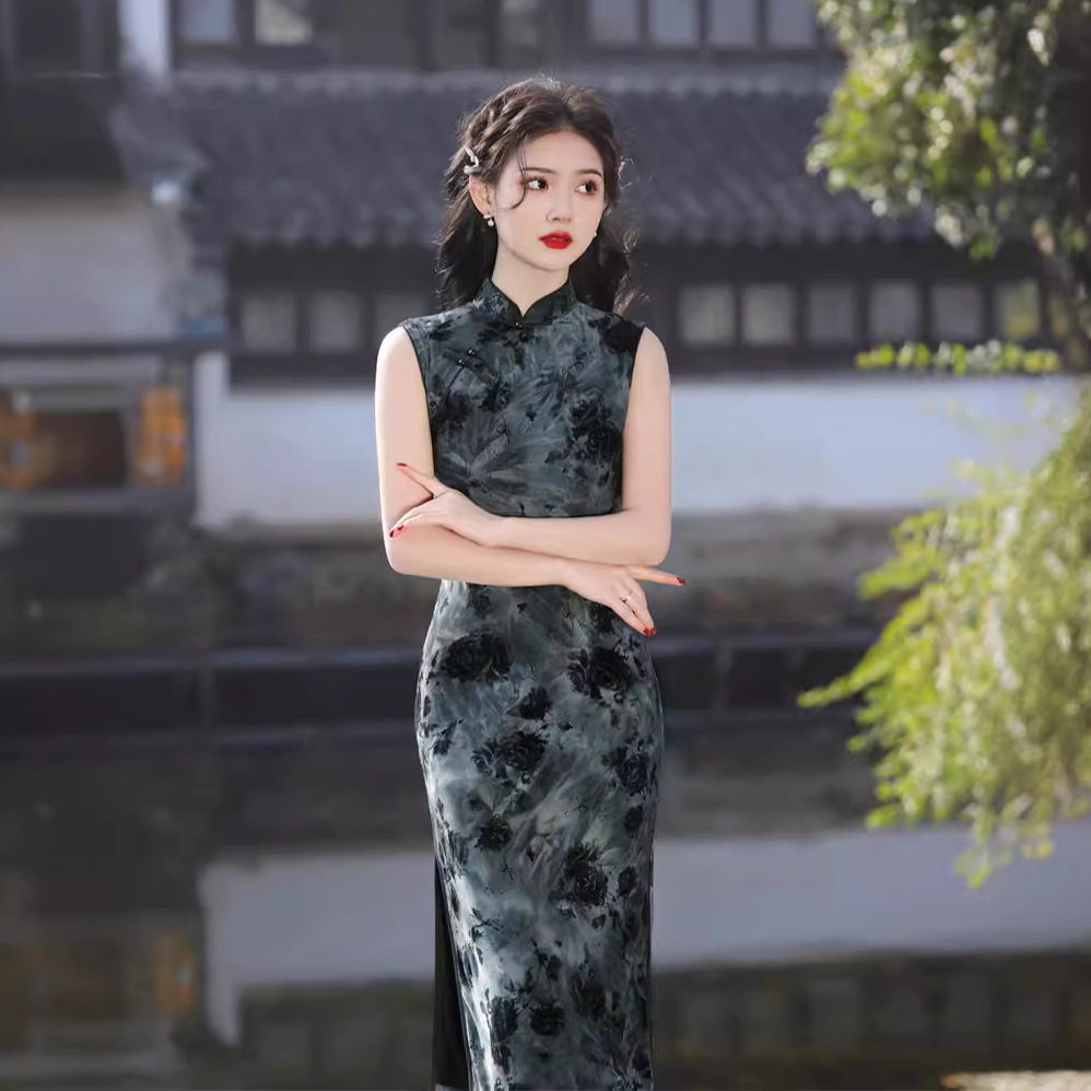 2026新款春夏无袖双层扎染弹力中长旗袍水墨画中国风修身旗袍现货