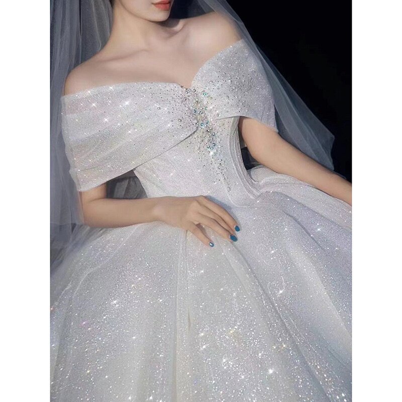 2025新款一字肩主婚纱法式新娘小个子复古赫本宫廷风大拖尾出