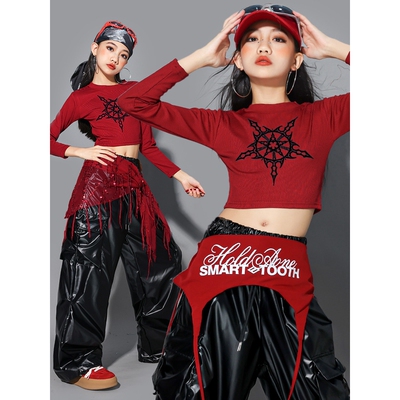 2026新款女童jazz红色爵士舞表演服装少儿练功服上衣套装儿童