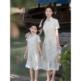 2026新款亲子装母女装儿童旗袍夏季中国风古装长款短袖连衣裙
