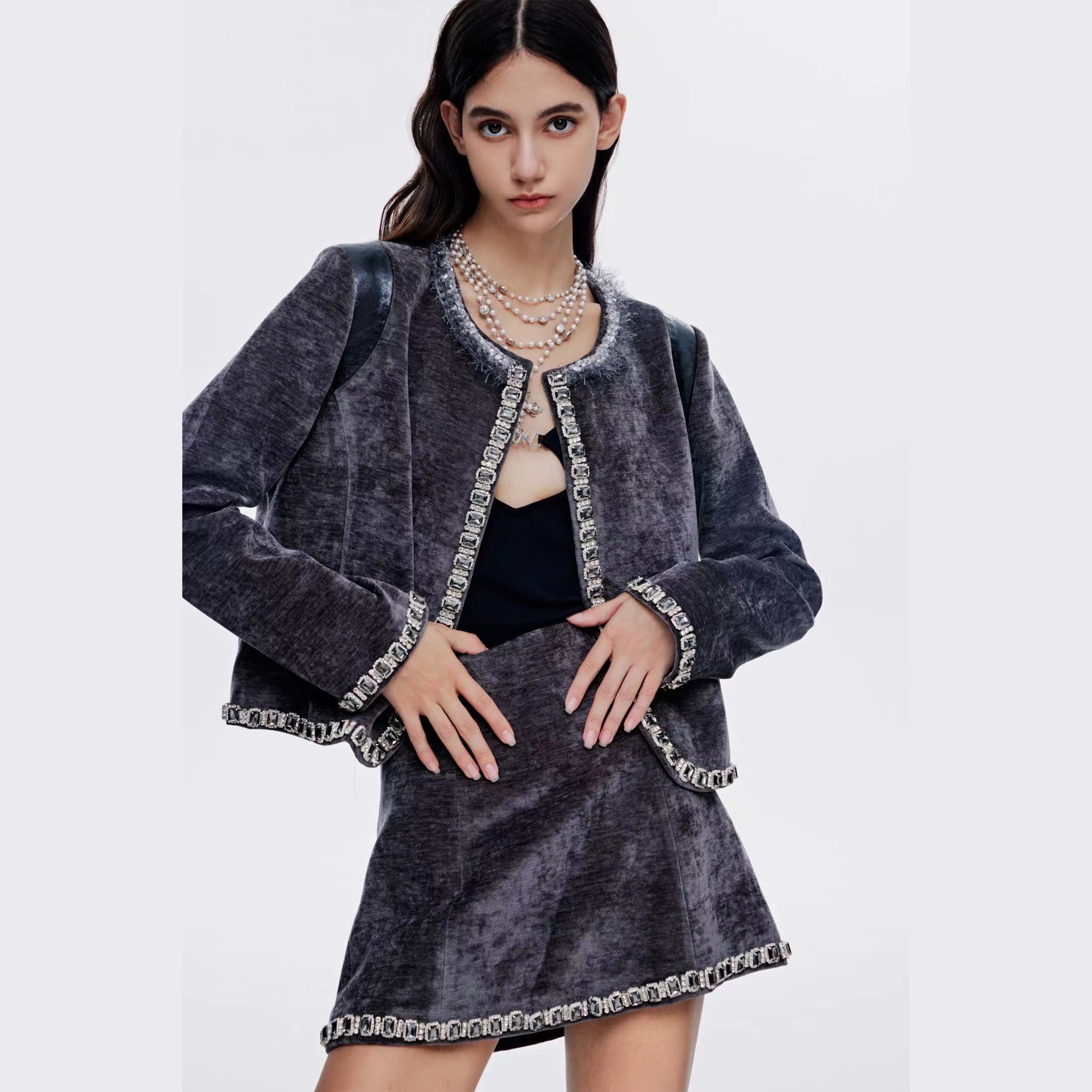 VOWOW少女千金重工定制水钻花边丝绒套装春秋