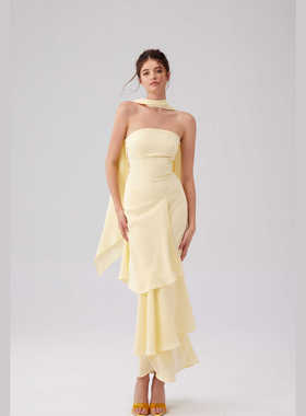 vowow夏日午后淡黄色荷叶边飘带女神风连衣长裙