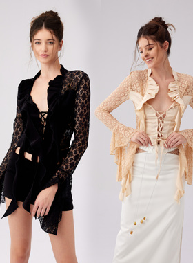 vowow夏日午后温柔浪漫荷叶飘带蕾丝绑带上衣套装