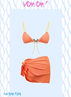VOWOW原创 氛围感日落橘 俏皮蝴蝶logo泳衣比基尼 ，四件套有胸垫