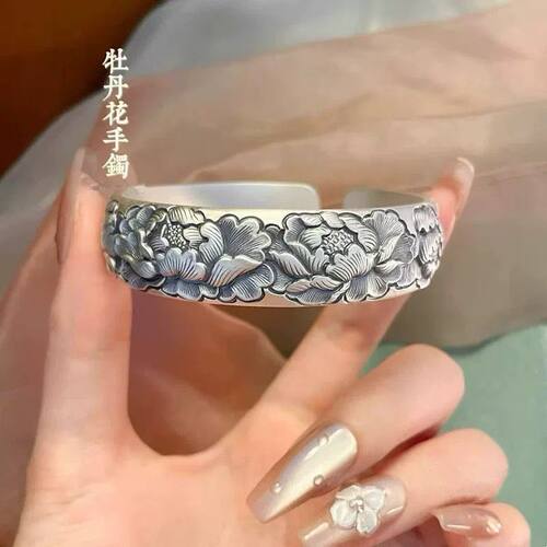 爆款经典流行牡丹花开口手镯复古工艺宽版银手环女款高级感饰品