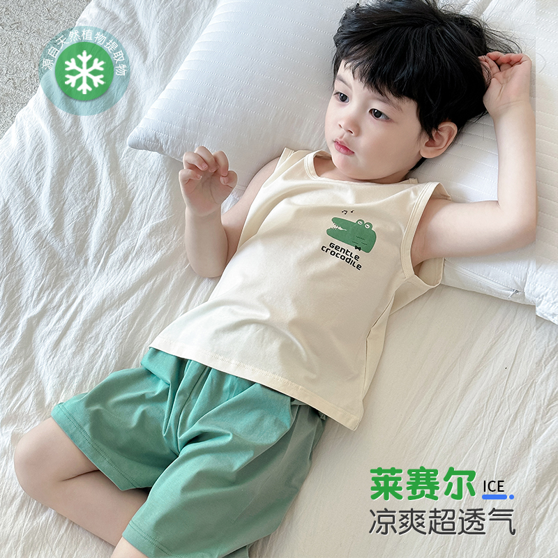 夏季儿童睡衣无袖男童纯棉背心套装薄款透气坎肩男宝宝家居服卡通