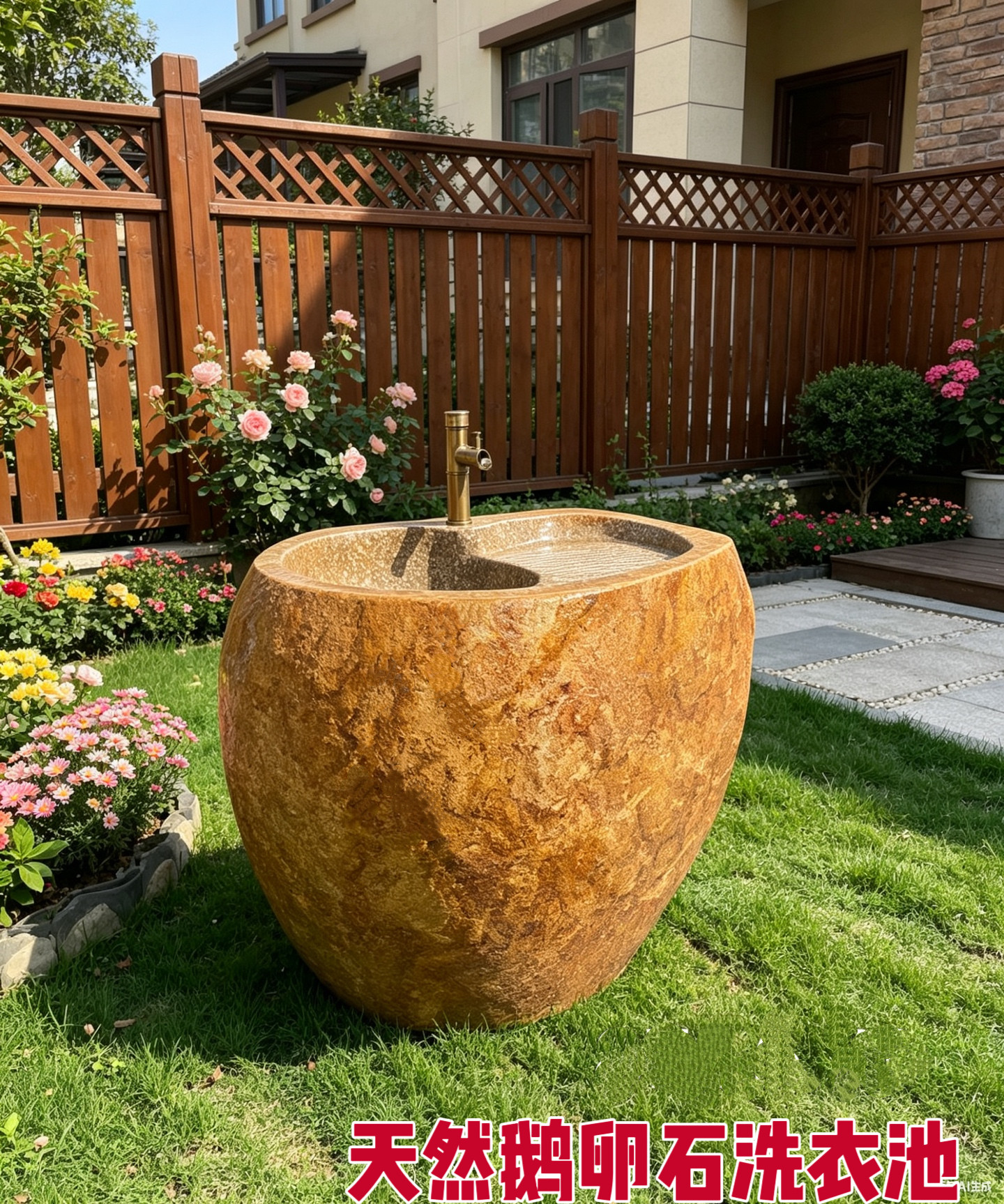 天然鹅卵石头洗衣水槽一体洗手盆户外中式庭院花园别墅石雕摆件
