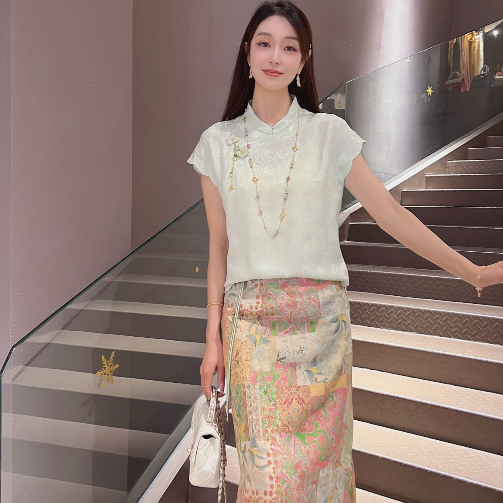 《晶晶定制》夏季醋酸花萝新中式百搭复古立领气质女短袖0336