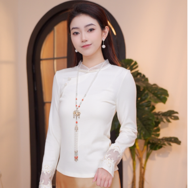 《77定制》2025年秋季新中式拱门镂空花边百搭气质衬衫6434