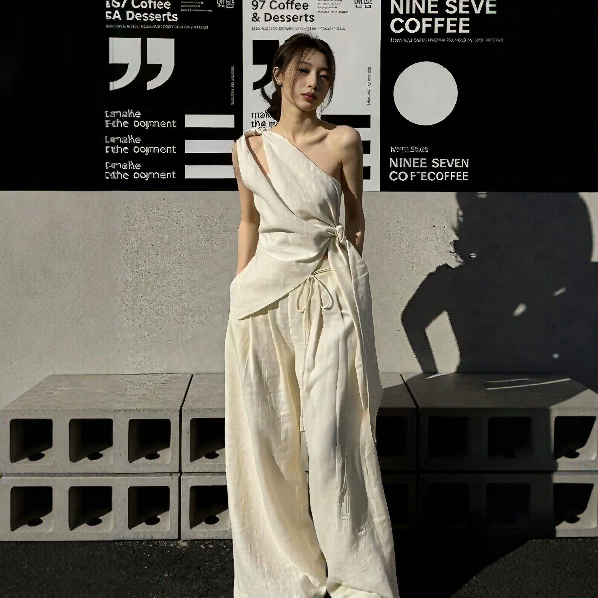 thumbnail for French old money style asymmetrical slanted shoulder lace-up waist vest wide-leg pants suit women's summer design two-piece set