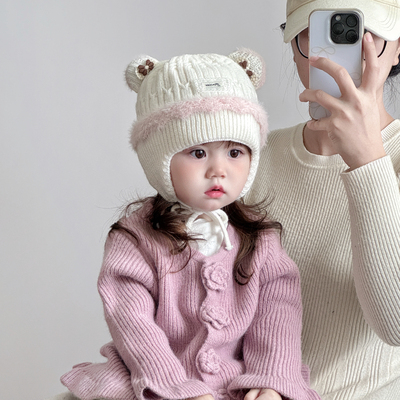 女宝宝帽子秋冬季毛边贴标时髦儿童保暖毛线帽加厚婴儿防风护耳帽