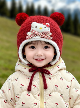 儿童毛线帽秋冬季可爱双球小猫女童保暖护耳帽过年喜庆红色宝宝帽