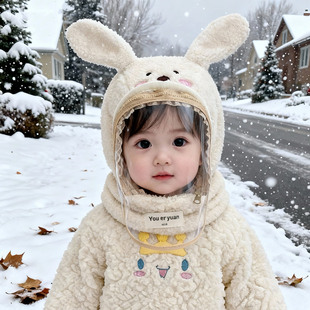 宝宝帽子围巾一体帽秋冬季卡通兔耳朵男女儿童保暖挡风面罩护耳帽